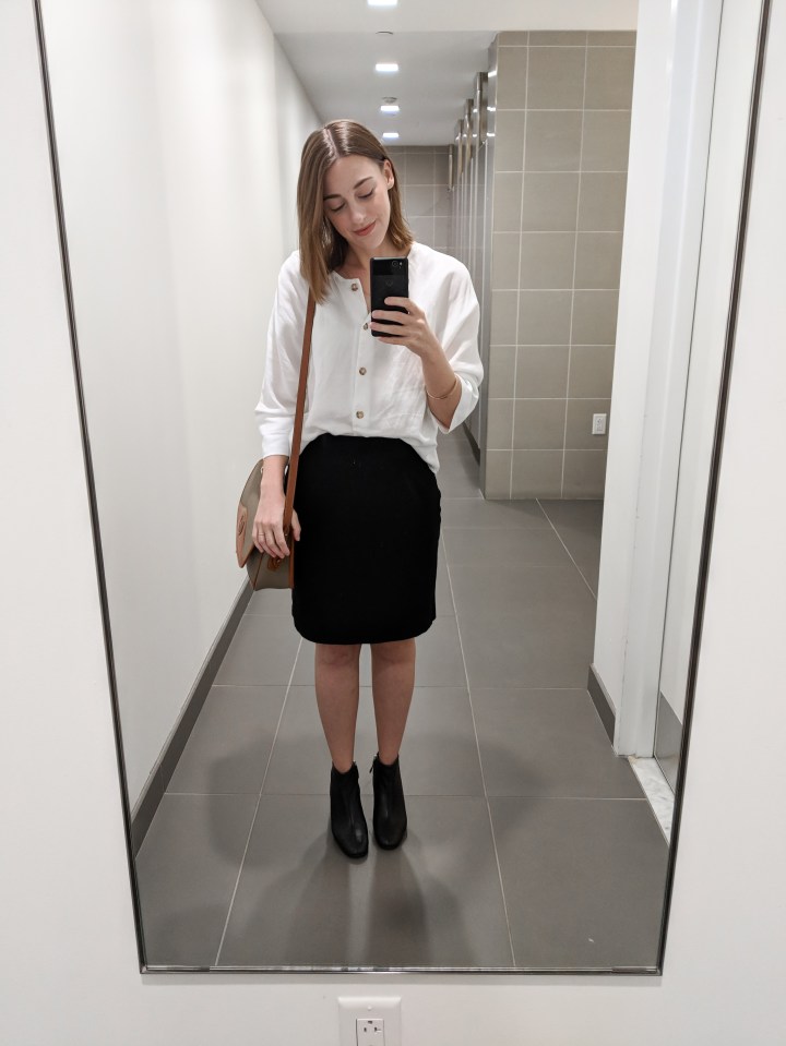 vetta capsule boxy blouse and everlane day boot