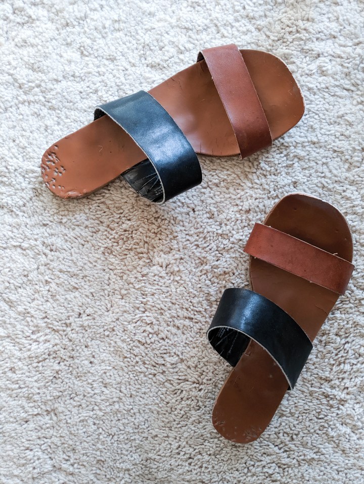 loft sandals with dog chew marks