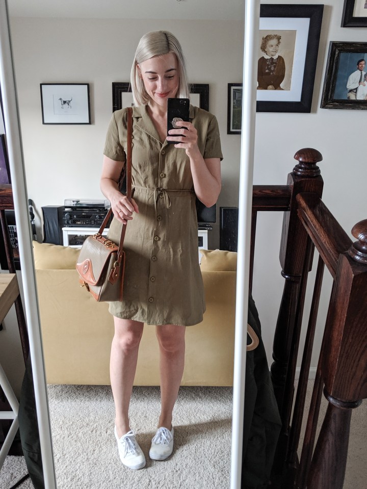 everlane goweave notch shirt dress green