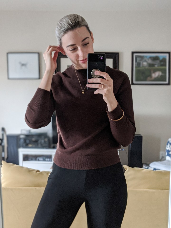 everlane cashmere mockneck heather java